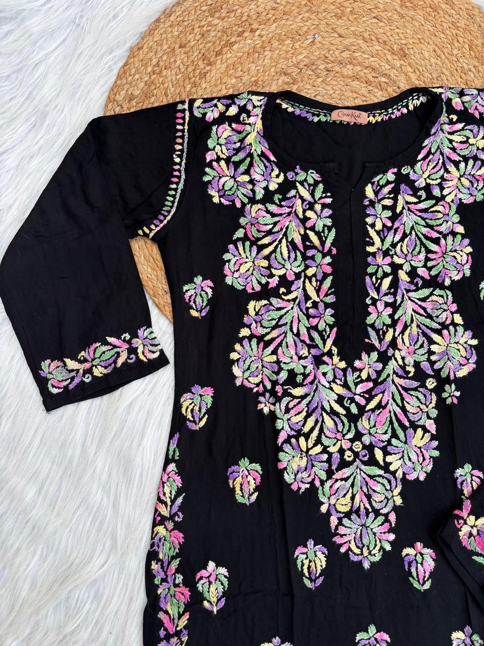 Rawa Soft Rayon Multi Handwork Chikankari Kurti Plazo Set -Purple  Colour