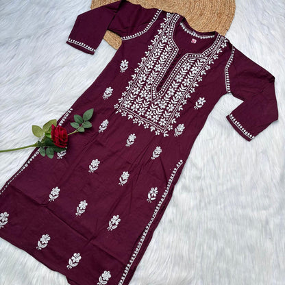 Shanaya Pure Cotton Chikankari Kurti Wine Colour