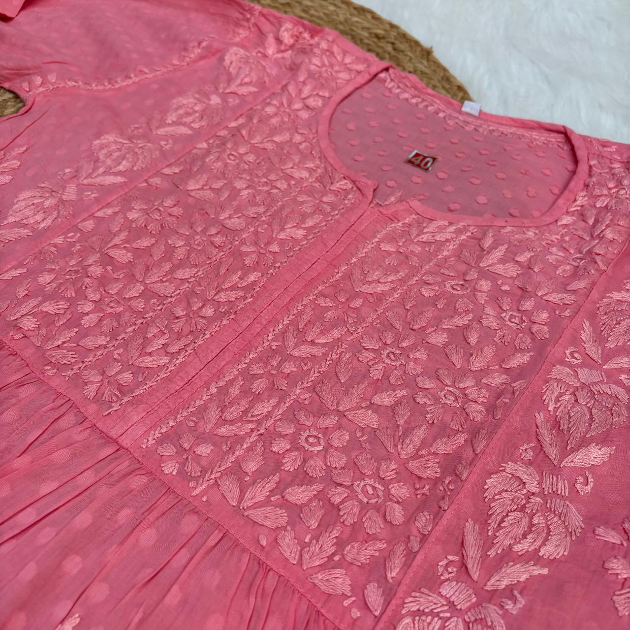 Aliya Dobby Cotton Nyra Cut Chikankari Aline Kurti - Peach Colour