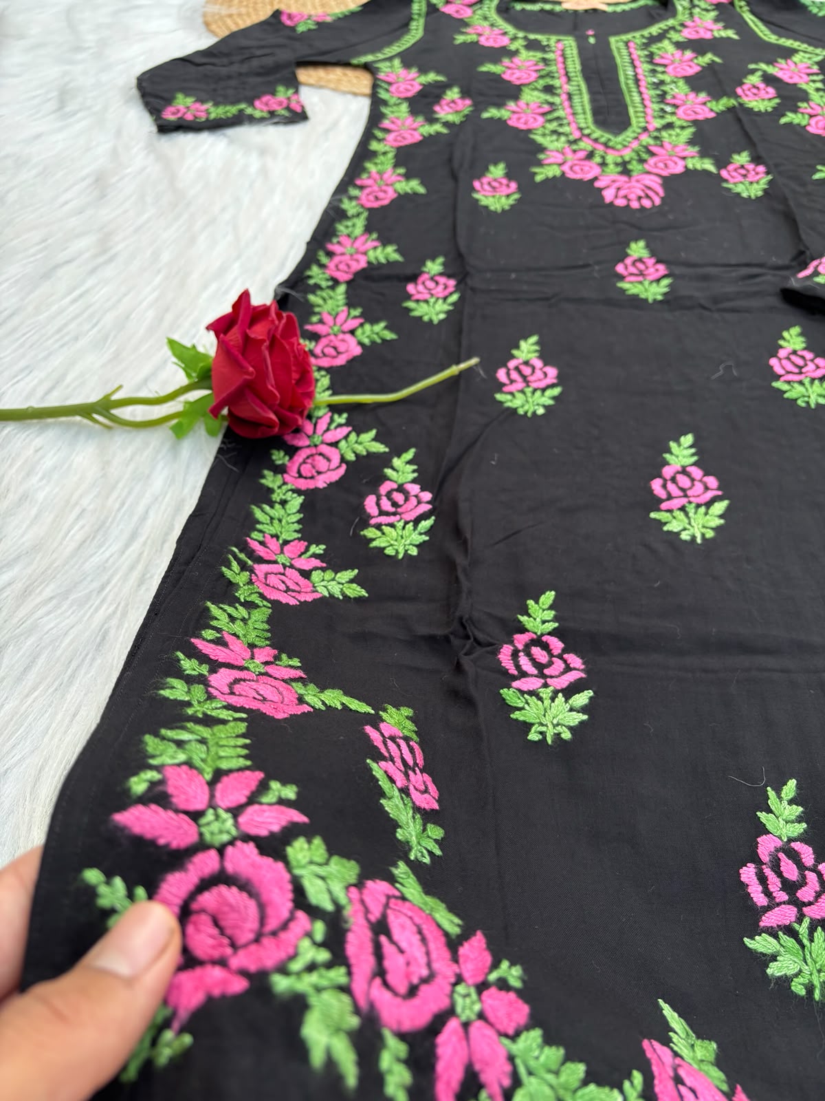 Sabah Rayon Handwork Chikankari Kurti Set - Pink Colour