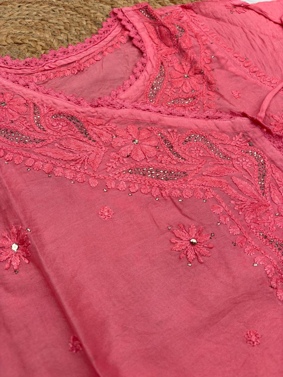 Naaz Chanderi Angrakha style Chikankari Kurti with Mukaish work -Gazri Colour