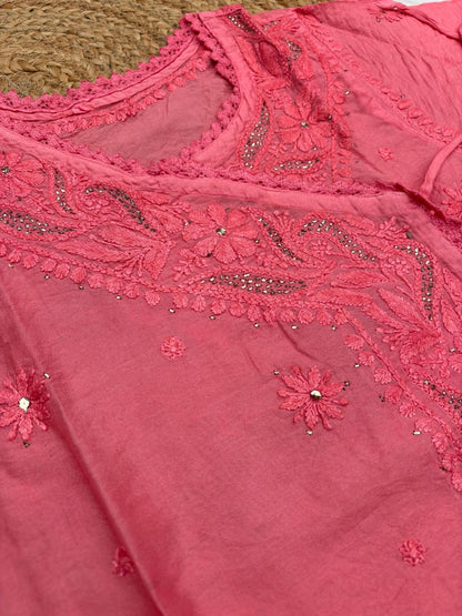 Naaz Chanderi Angrakha style Chikankari Kurti with Mukaish work -Gazri Colour