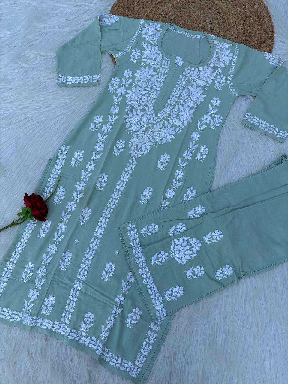 Samara Rayon Handwork Chikankari Kurti Plazo Set - Pista Green Colour