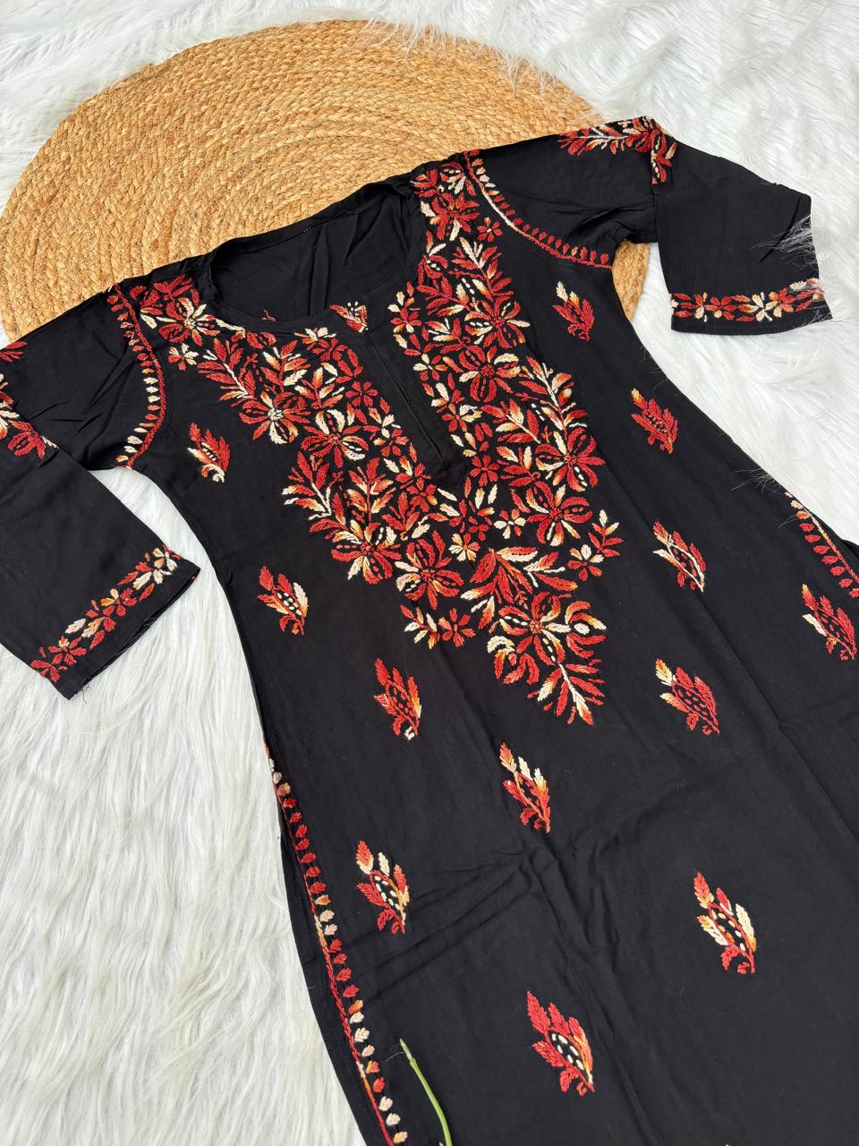 Shefrin Soft Rayon Lucknowi Handwork Chikankari Kurti - Brown Colour
