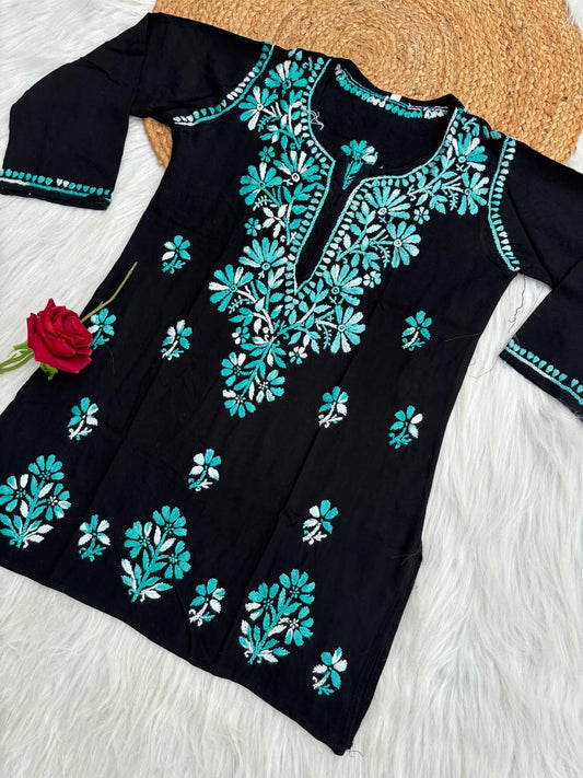 Mahek Soft Rayon Handwork Chikankari Short Kurti- Sea Green Colour