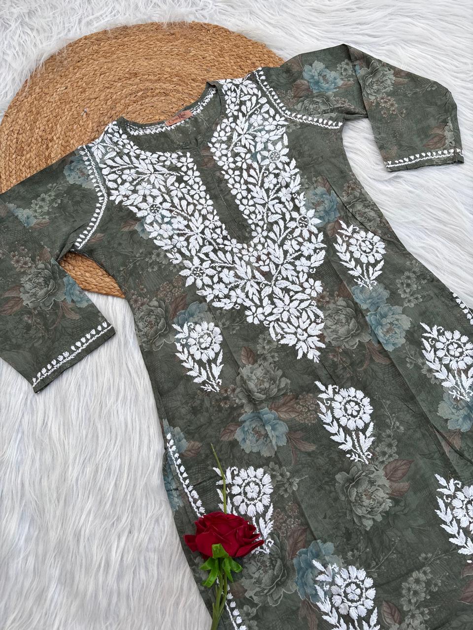 Zaina Pure Mulmul Chikankari Handwork Kurti - Dark Green Colour
