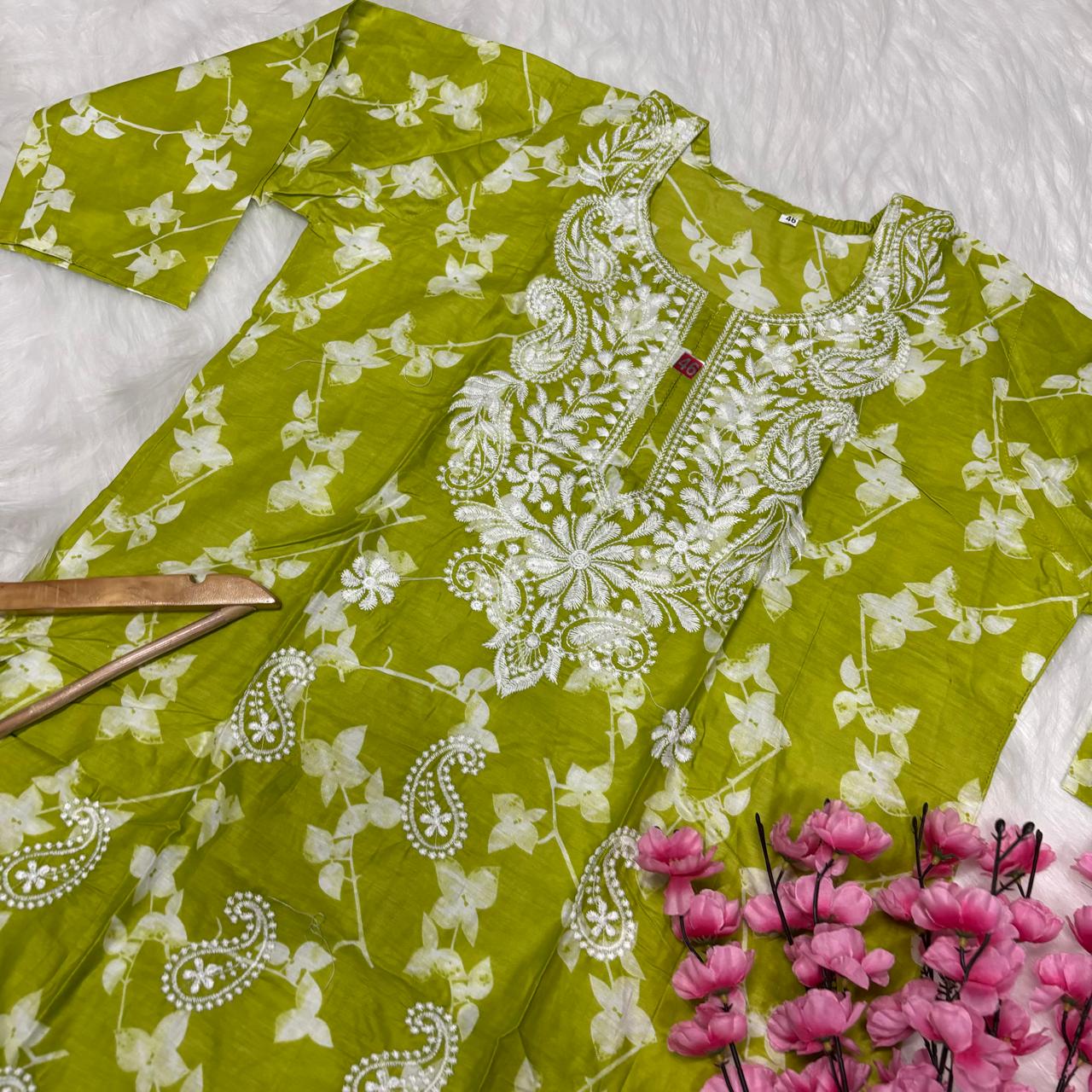 Mulmul Cotton Chikankari Machine Work Kurti -Parrot Green Colour