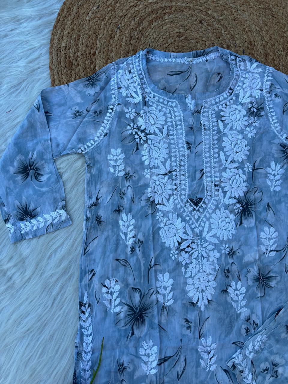 Shazia Mulmul Cotton Chikankari Kurti Set - Grey Colour