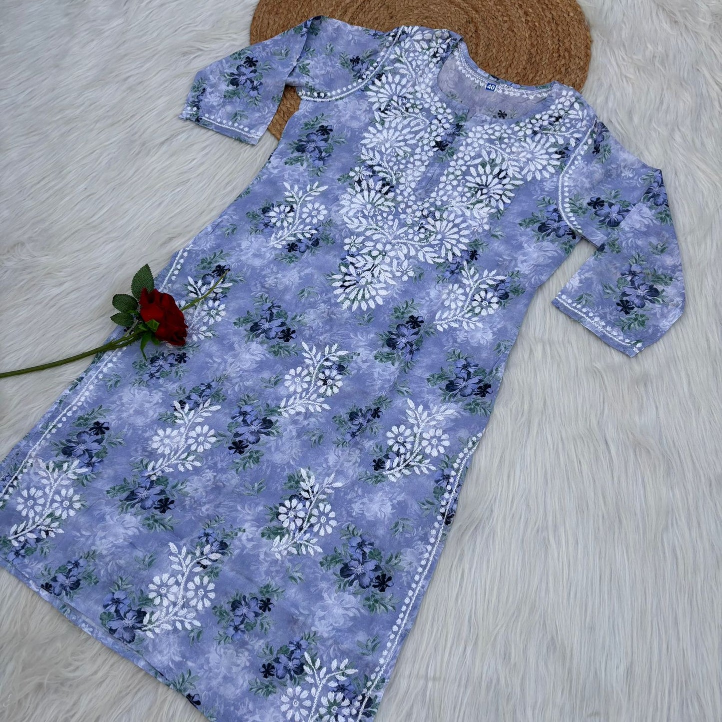 Fawziya Pure Mulmul Chikankari  Handwork Kurti - Blue Colour