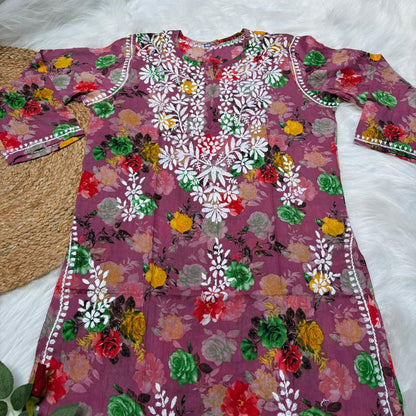 Dhanashree Inspired Mulmul Floral Printed Chikankari Handwork Kurti -Fuschia Colour