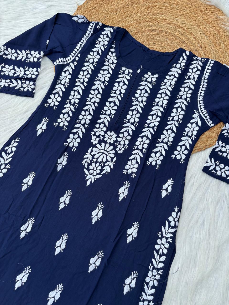 Zoobia Soft Rayon Handwork Chikankari Kurti - Blue Colour