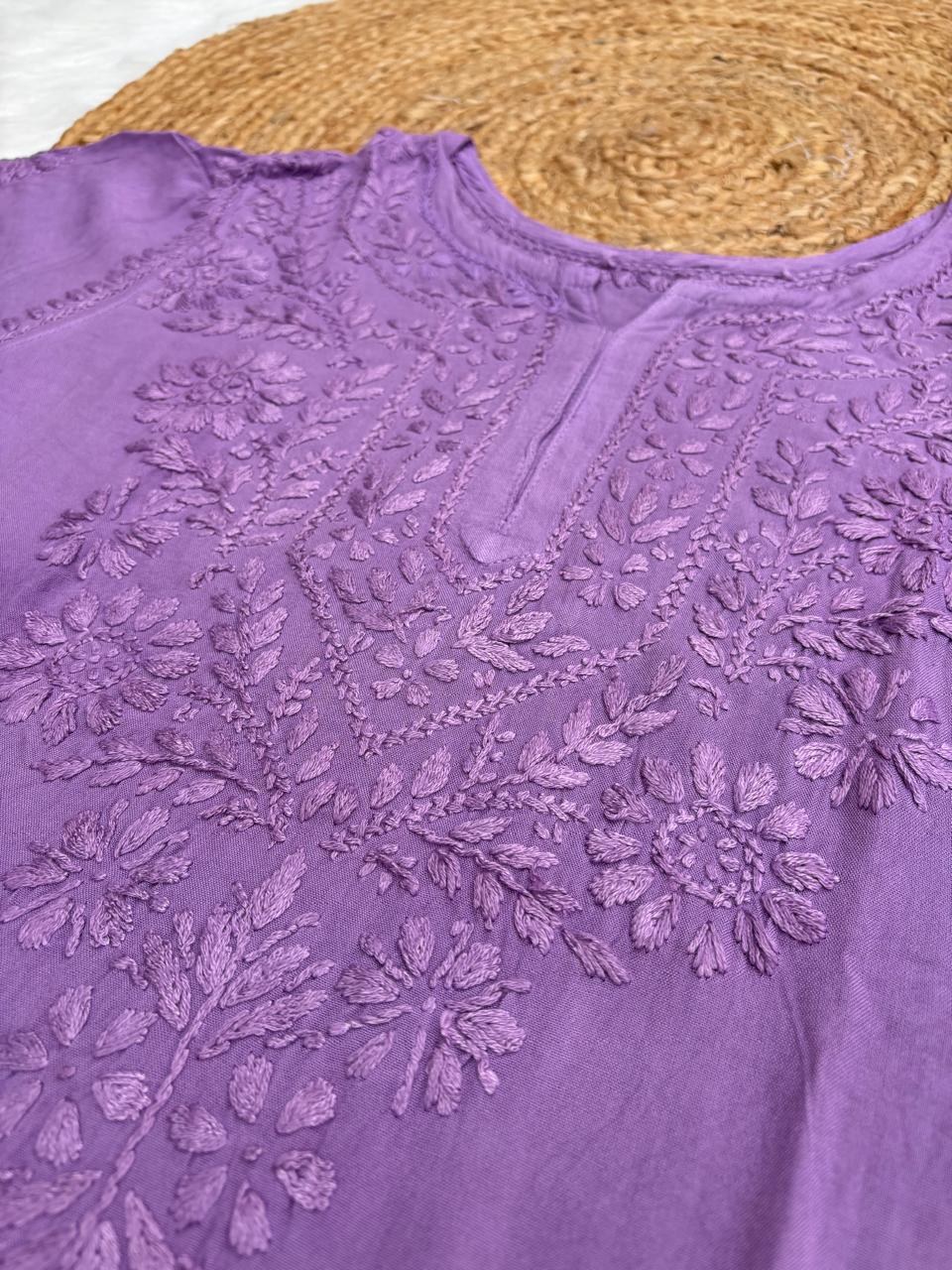 Kiara Dyeable Soft Rayon Handwork Chikankari Kurti - Purple Colour