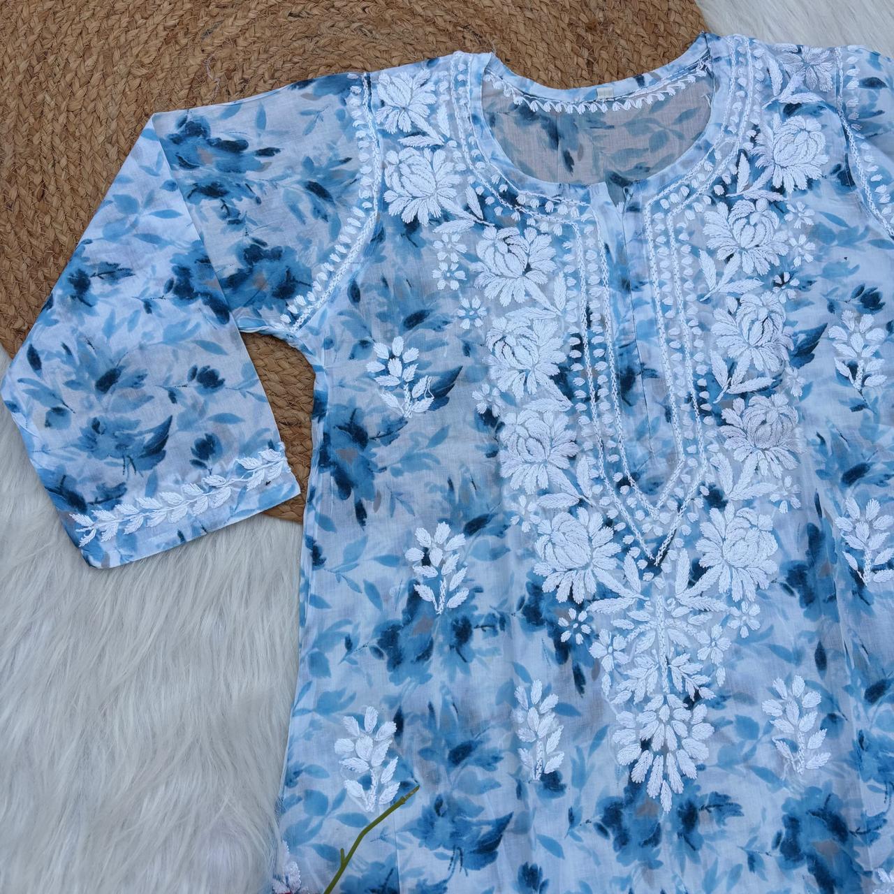 Aaliyah Mulmul Cotton Chikankari Kurti Set -Blue Colour