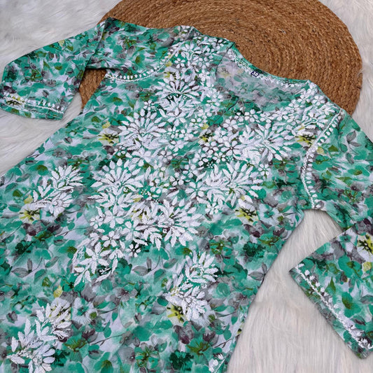 Yasmin Pure Mulmul Chikankari Handwork Kurti - Sea Green Colour