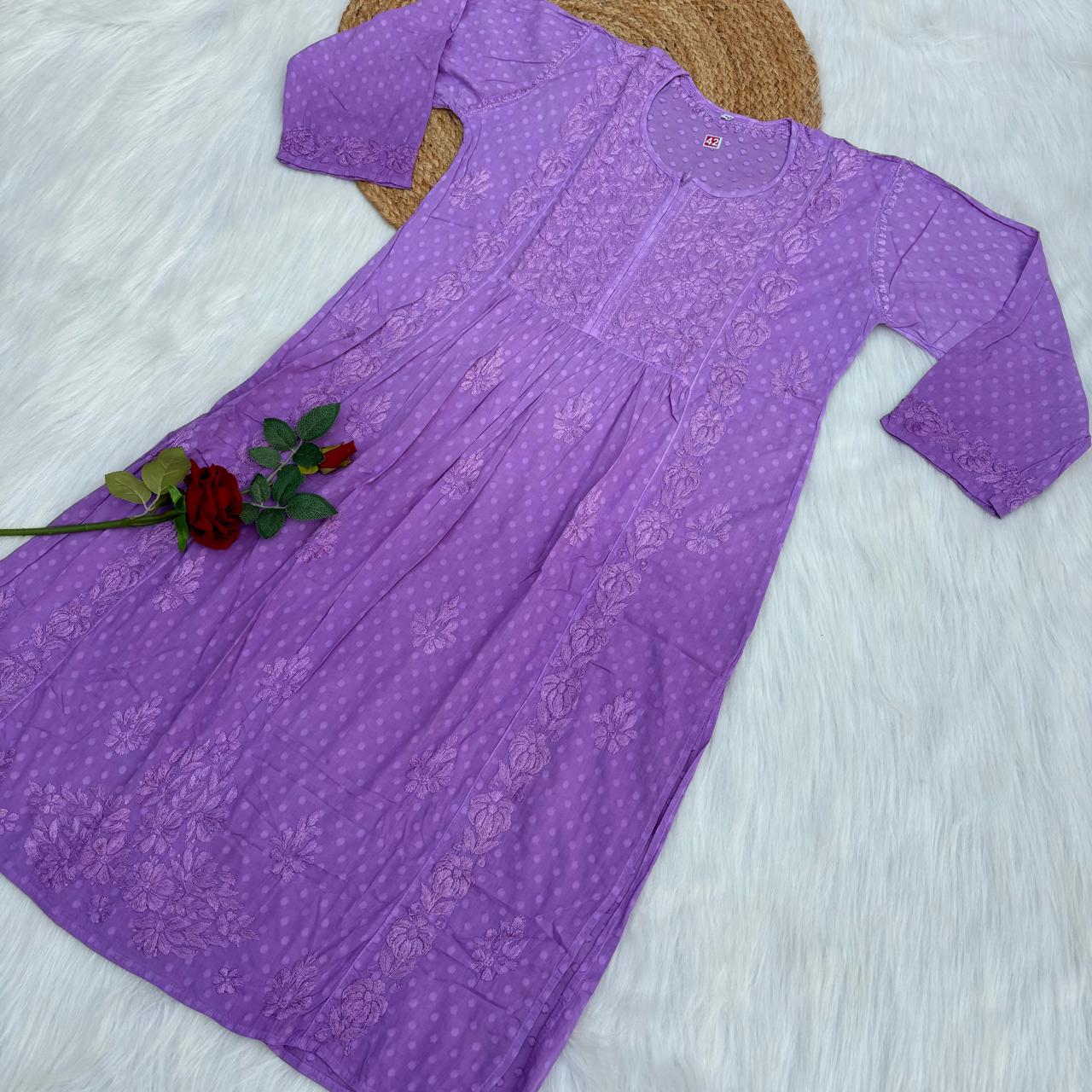 Aliya Dobby Cotton Nyra Cut Chikankari Aline Kurti - Purple Colour