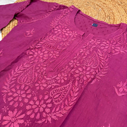 Vani Dobby Cotton Chikankari Kurti - Light Wine Colour