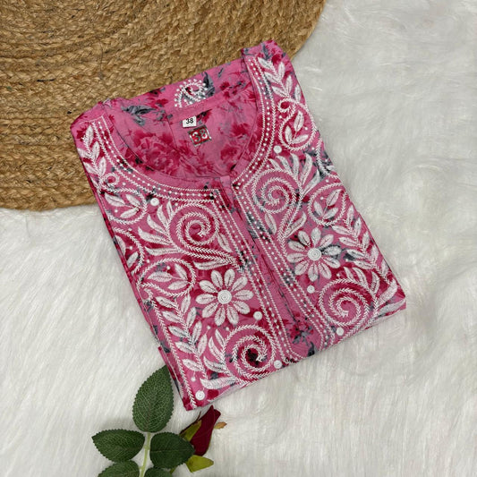 Mulmul Cotton Chikankari Machine Work Kurti -  Pink Colour