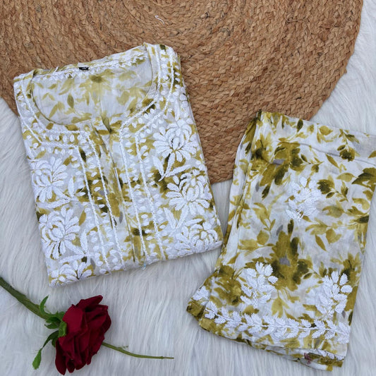 Aaliyah Mulmul Cotton Chikankari Kurti Set -Green Colour
