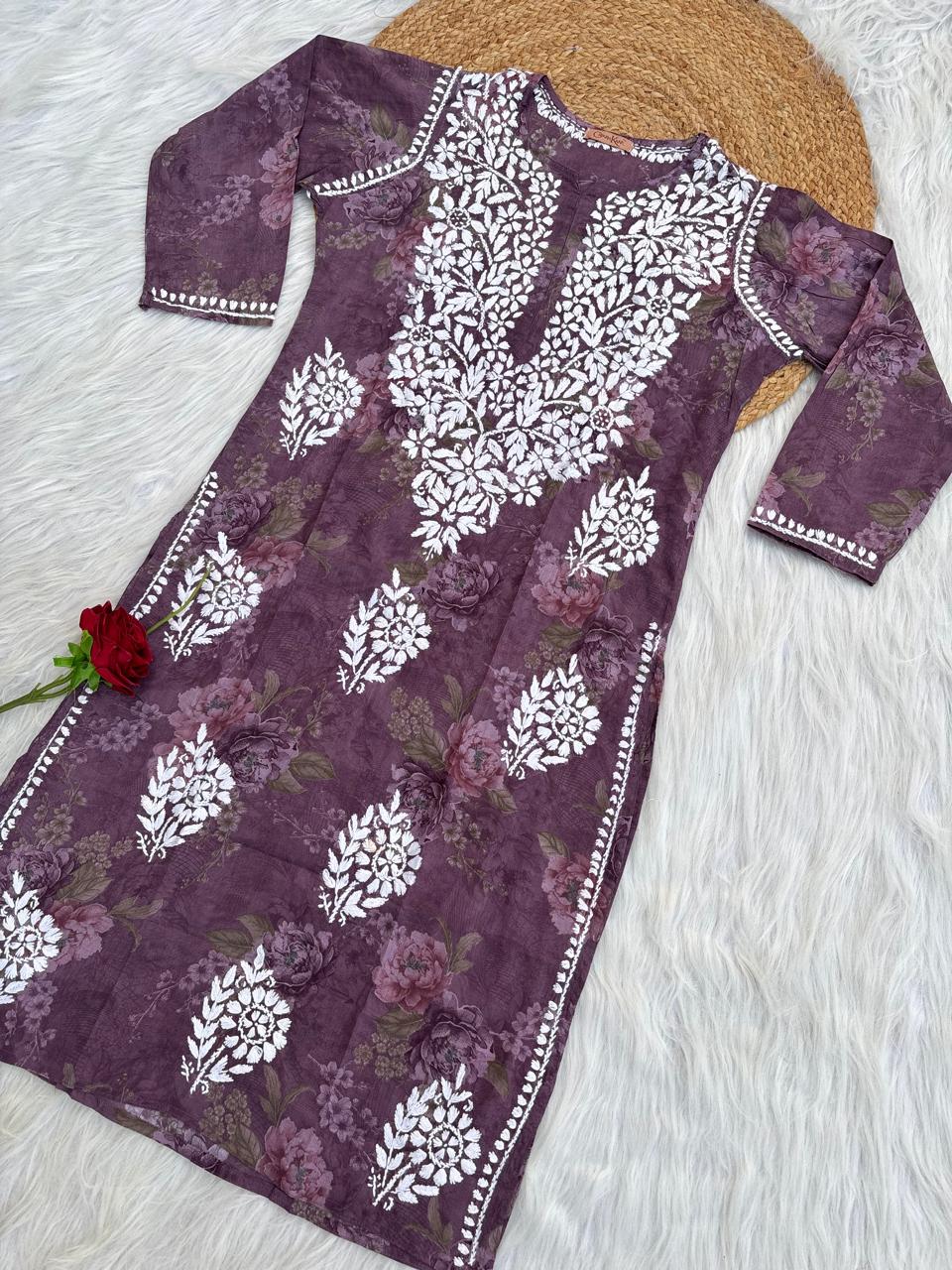 Zaina Pure Mulmul Chikankari Handwork Kurti - Purple Colour