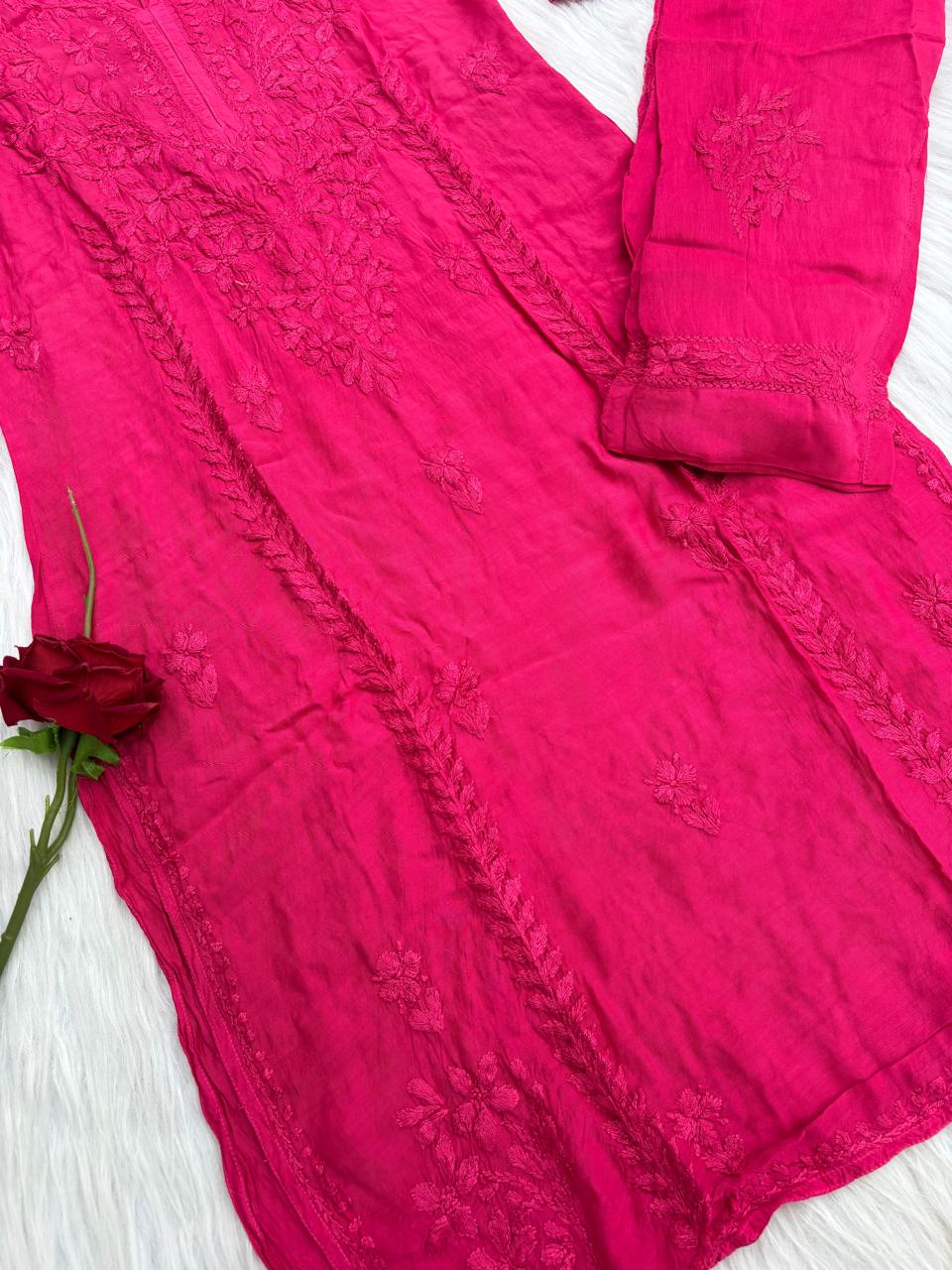 Nadia Muslin Lucknowi Chikankari Kurti Pant Set - Rani Color