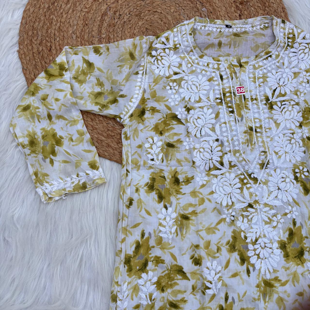 Aaliyah Mulmul Cotton Chikankari Kurti Set -Green Colour