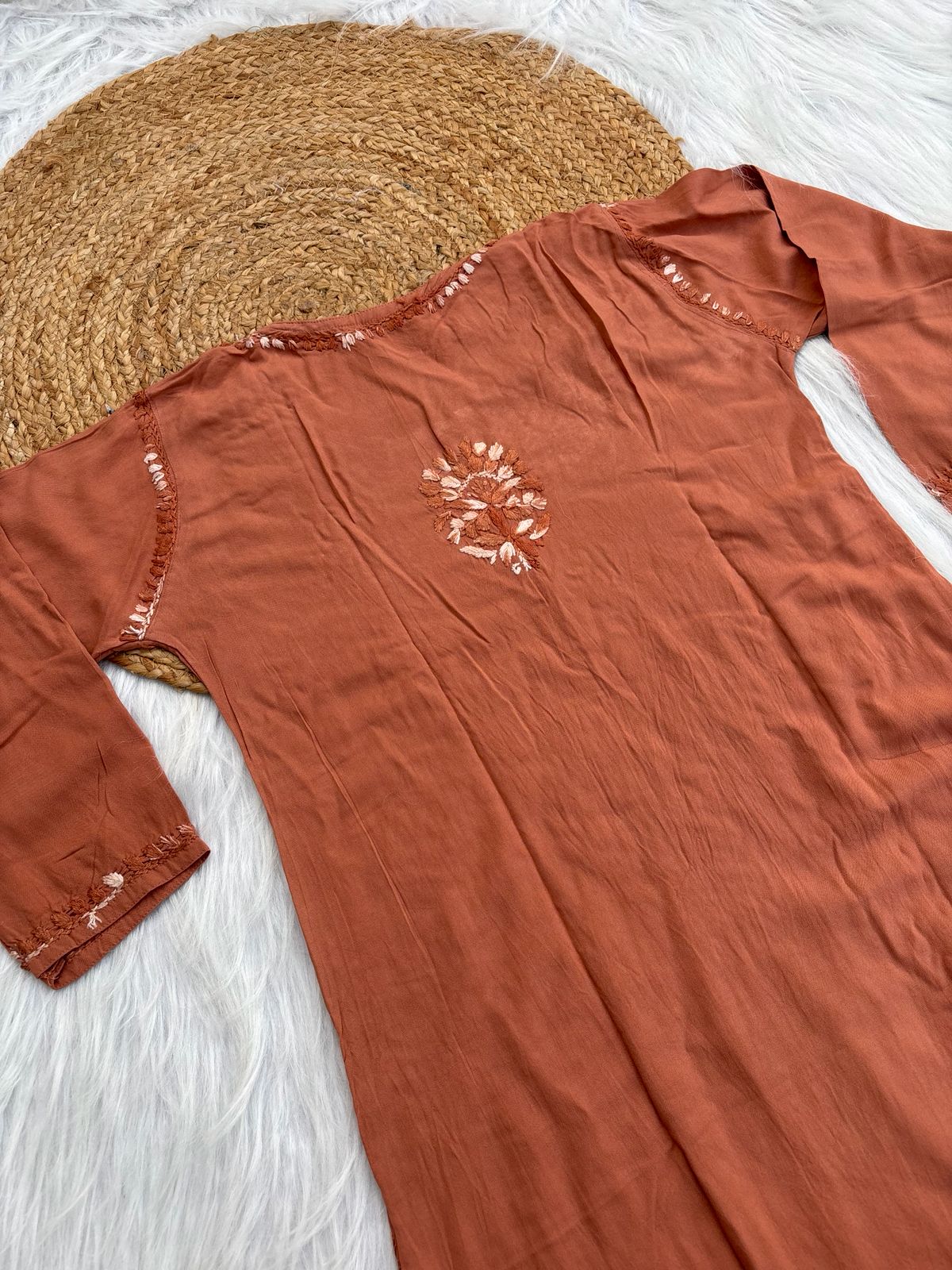 Roohi Rayon Tone To Tone Lucknowi Handwork Chikankari Kurti - Brown Color