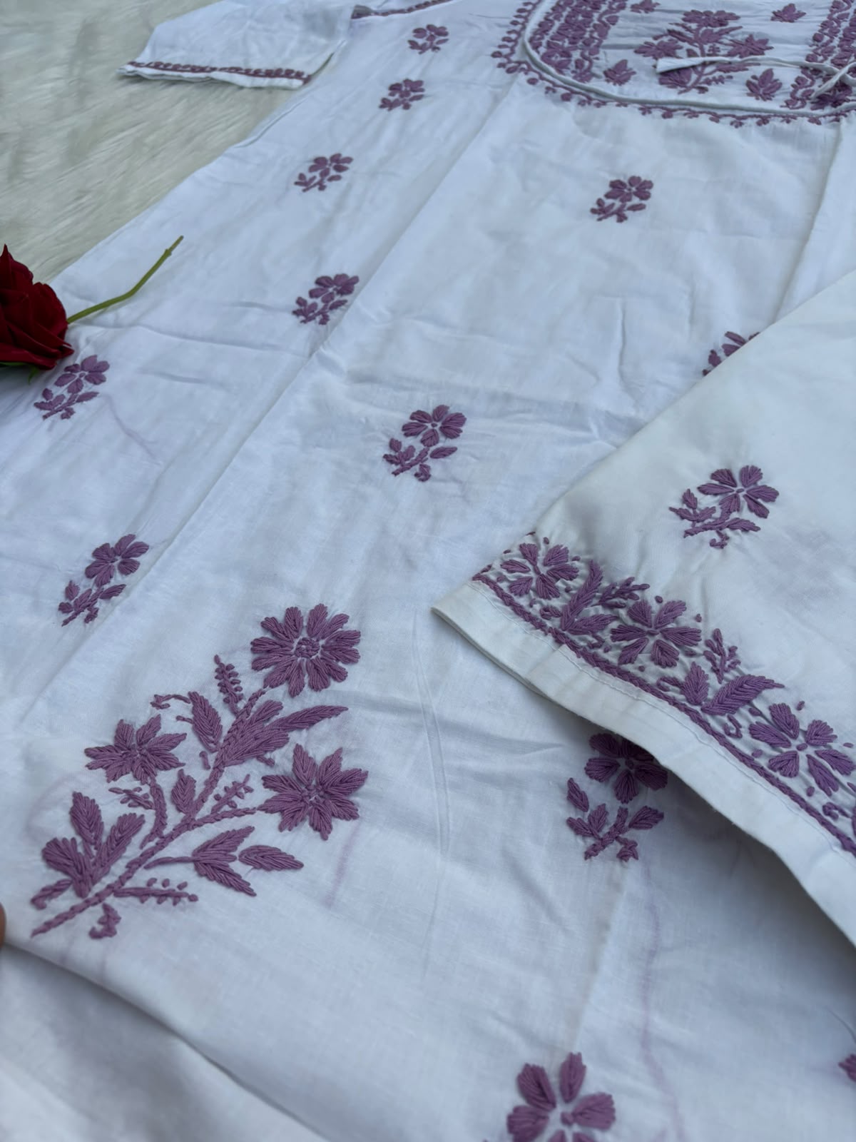 Heer Plus Size Cotton Handwork Chikankari Kurti Set - White Purple