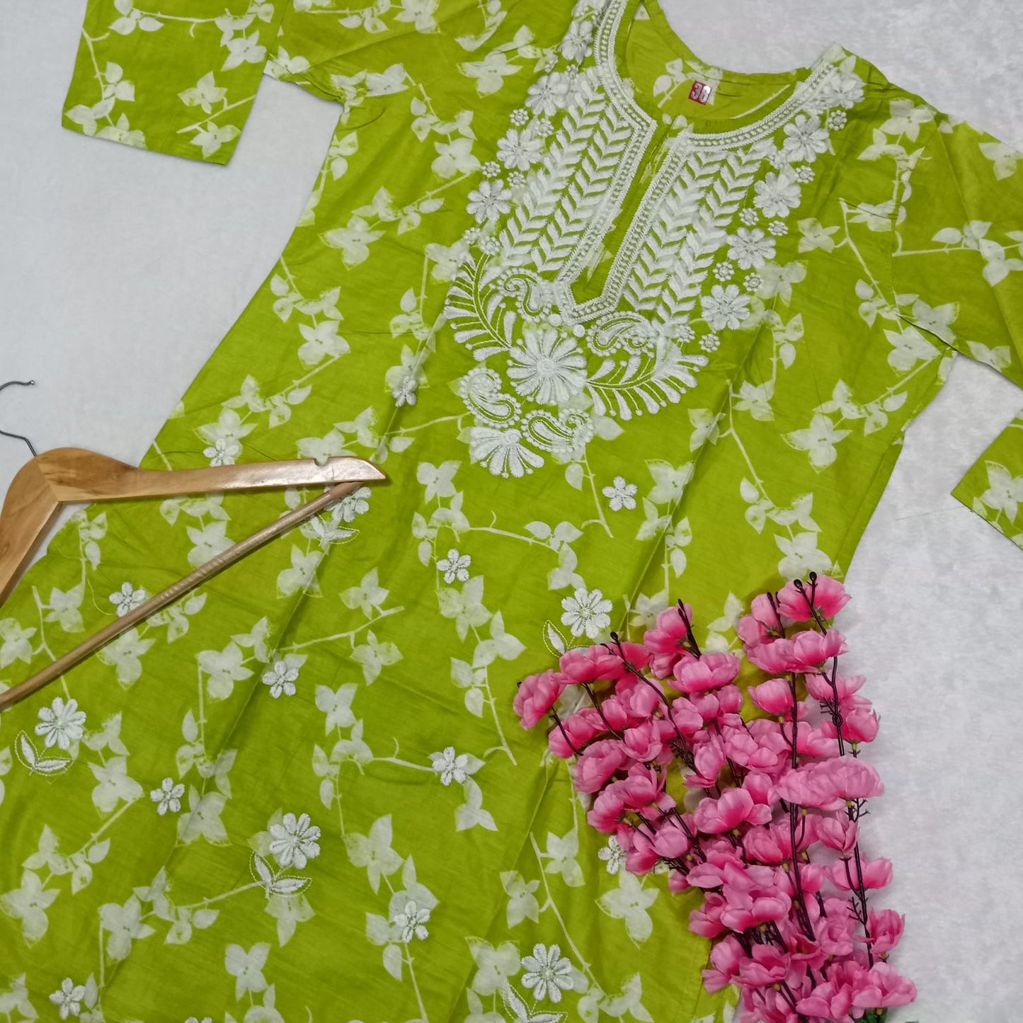 Mulmul Cotton Chikankari Machine Work Kurti - Parrot Green Colour