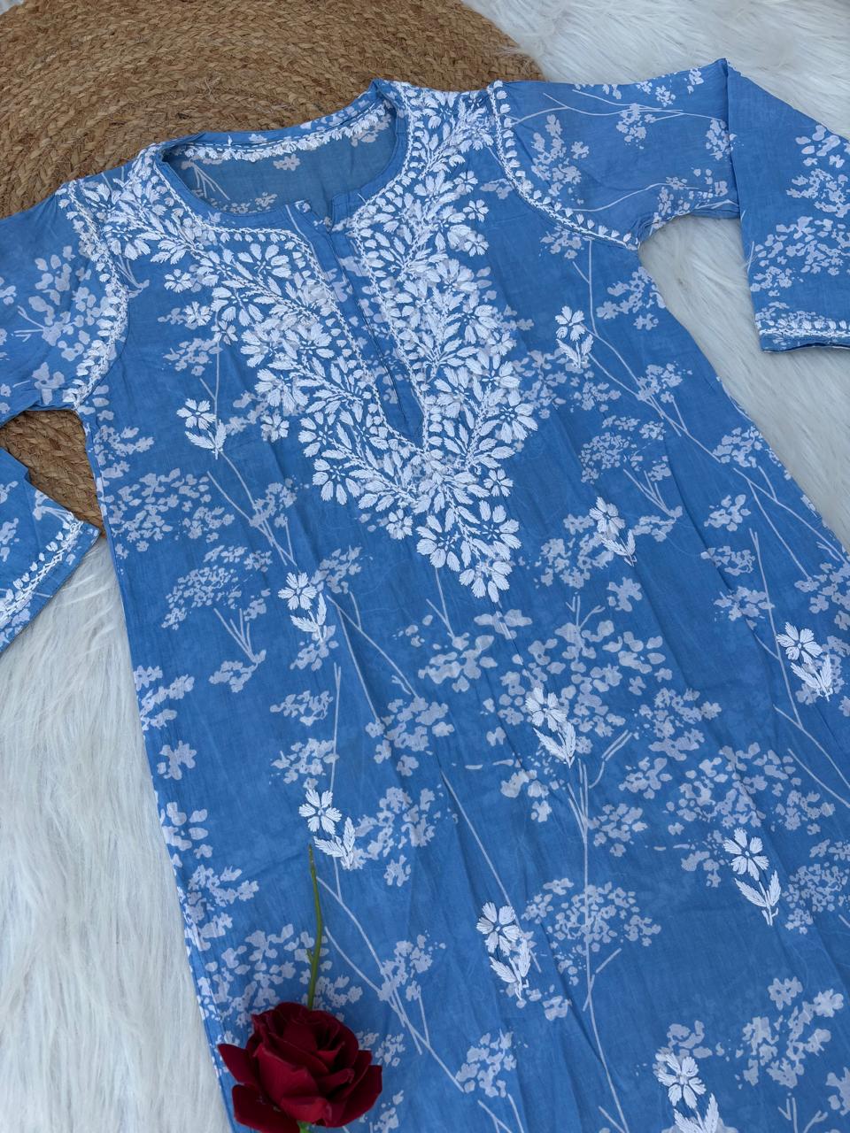Sidra Pure Mulmul Chikankari Handwork Kurti - Blue Colour