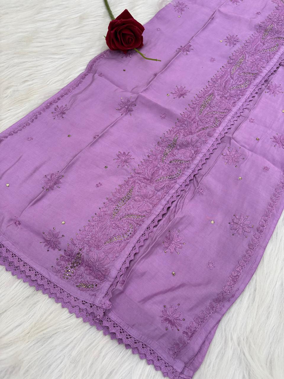 Naaz Chanderi Angrakha style Chikankari Kurti with Mukaish work - Purple Color