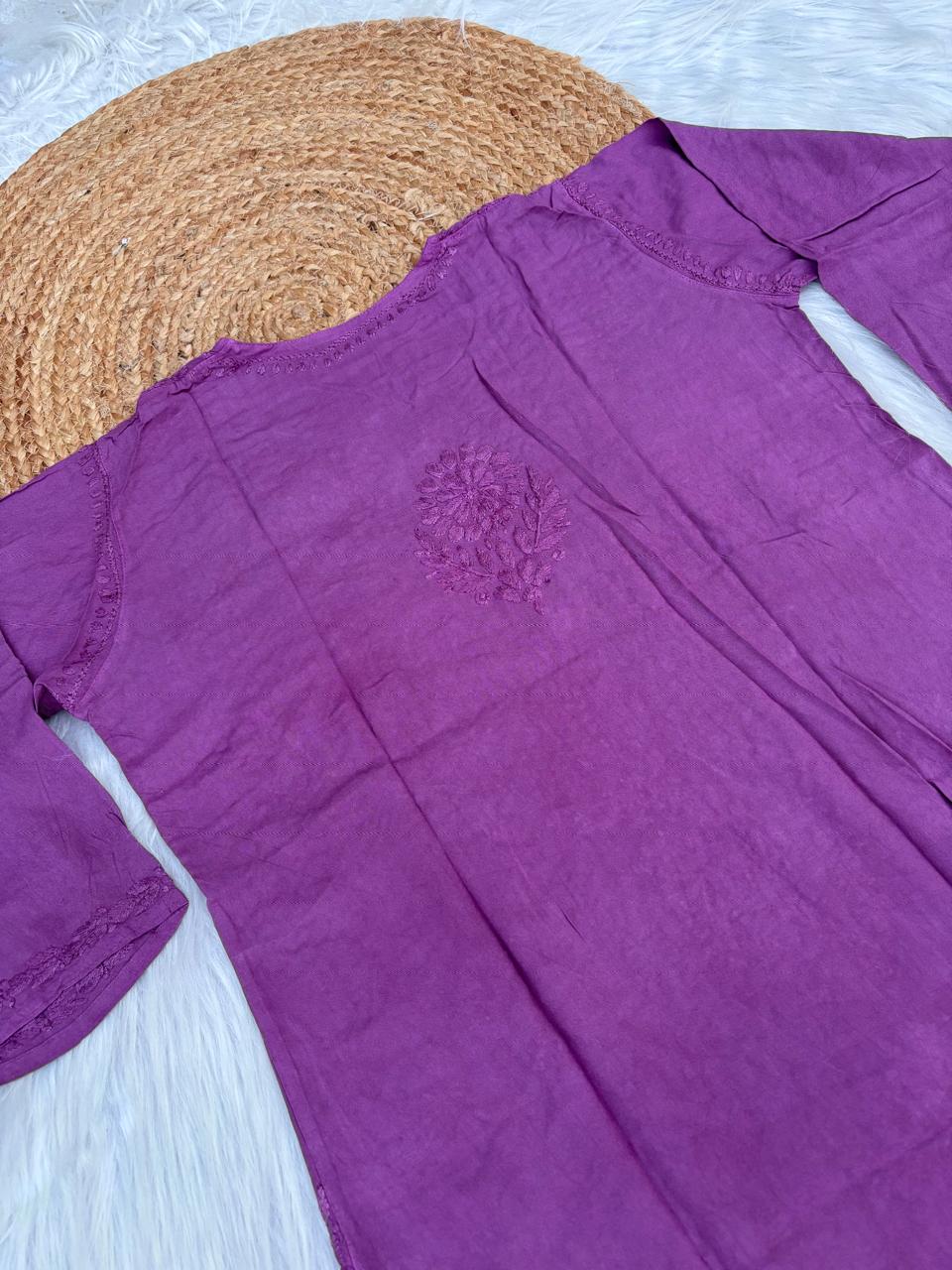 Rabab Dyeable Soft Rayon Handwork Chikankari Kurti - Wine Colour