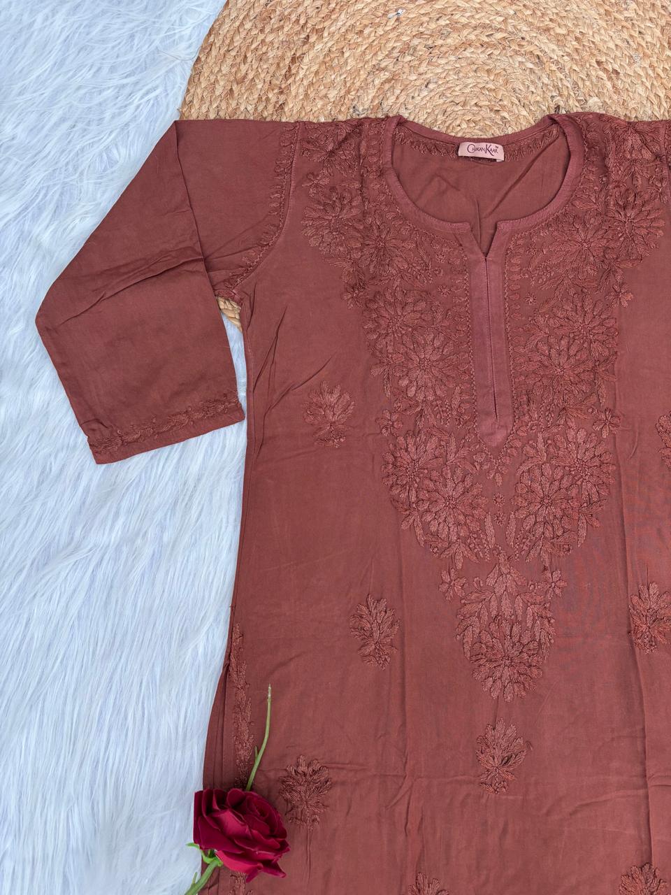 Rabab Dyeable Soft Rayon Handwork Chikankari Kurti - Brown Colour