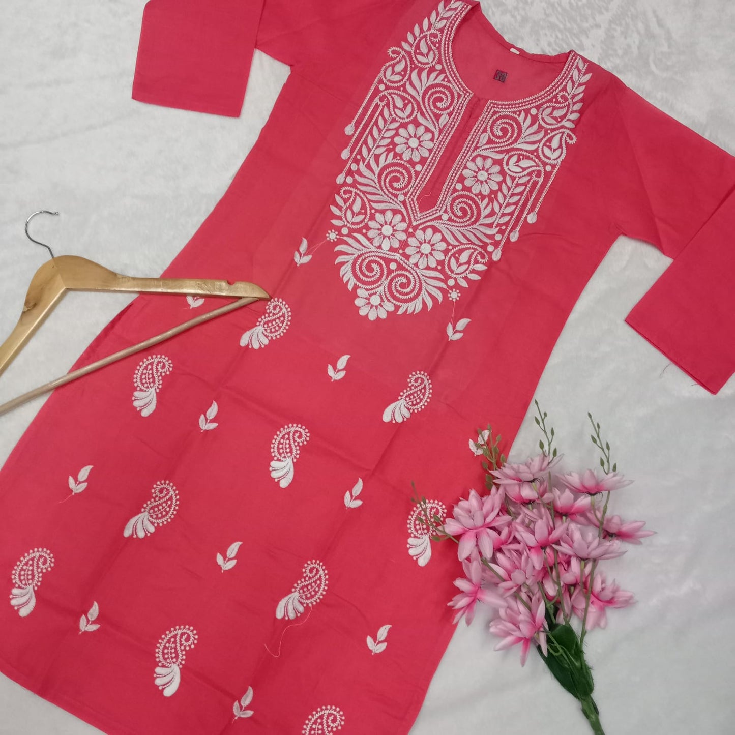 Cotton Machine Work Chikankari Kurti - Gazri Colour