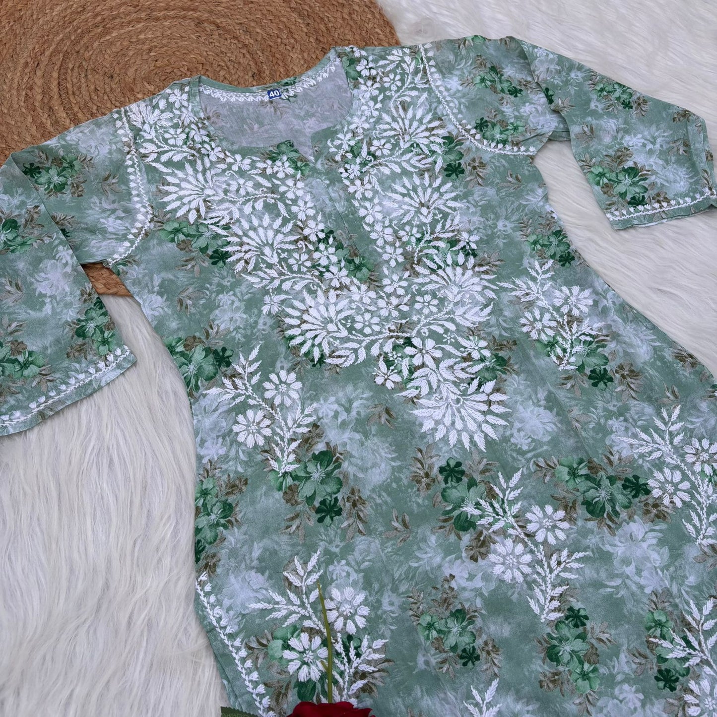 Fawziya Pure Mulmul Chikankari  Handwork Kurti - Dark Green Colour