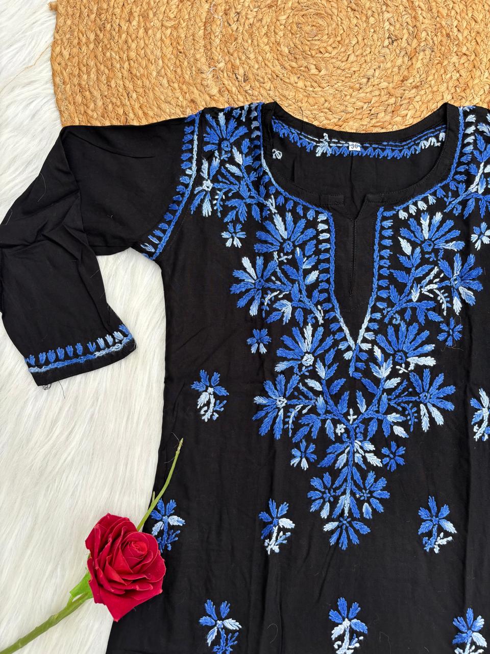 Mahek Soft Rayon Handwork Chikankari Short Kurti- Blue Colour