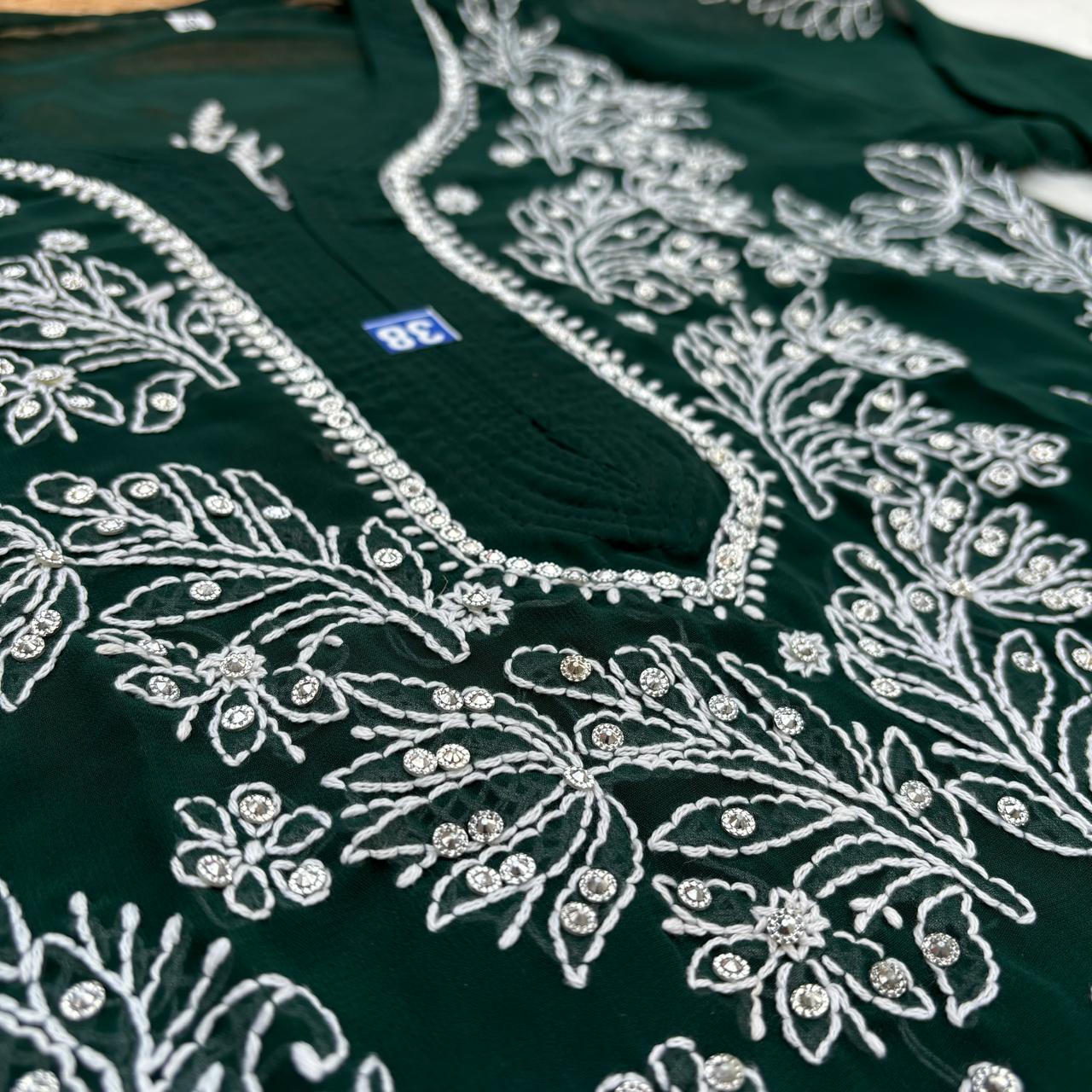 Stone Work Georgette Chikankari Kurti -Dark Green Colour