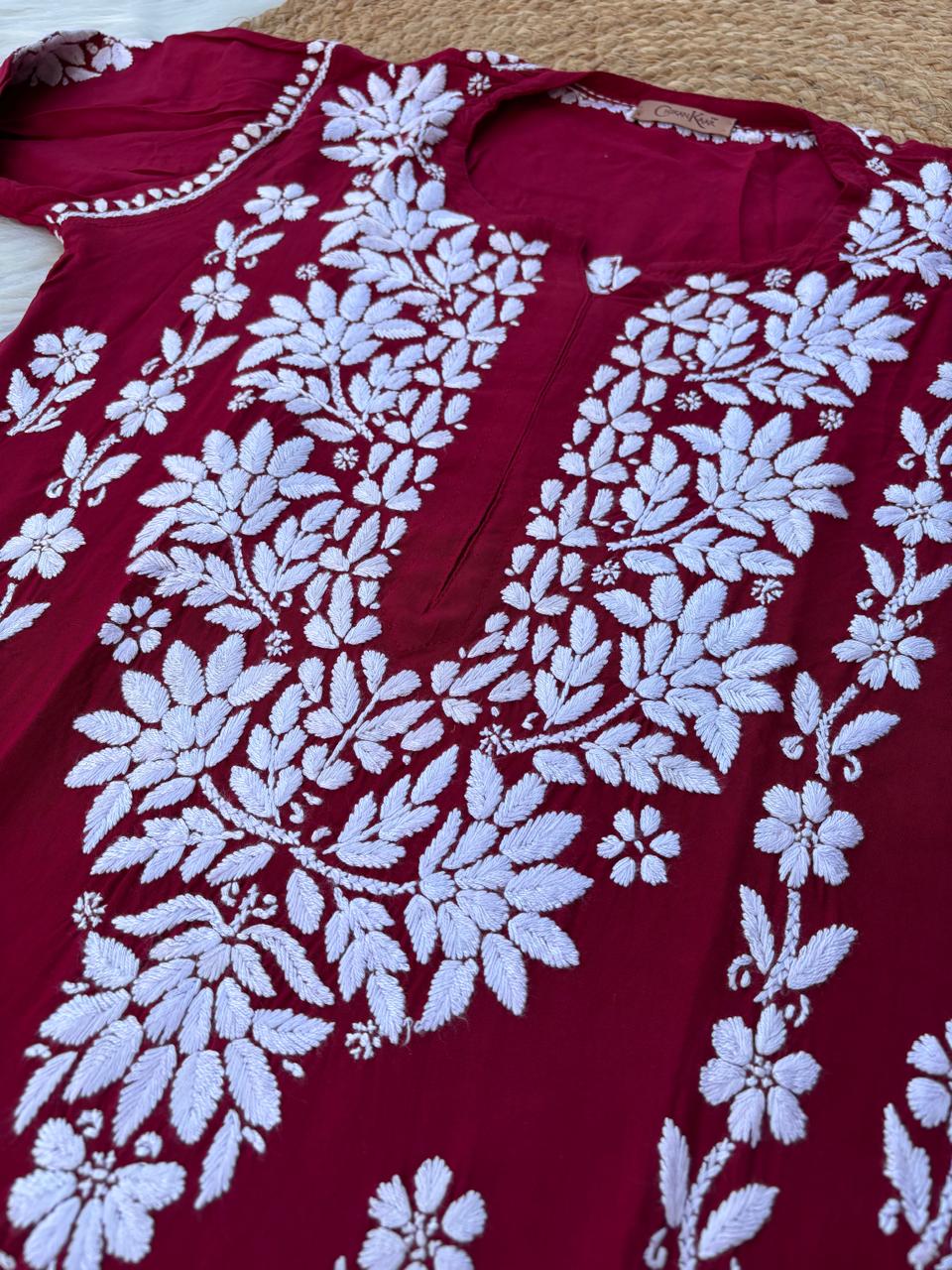 Samara Rayon Handwork Chikankari Kurti Plazo Set - Maroon Colour