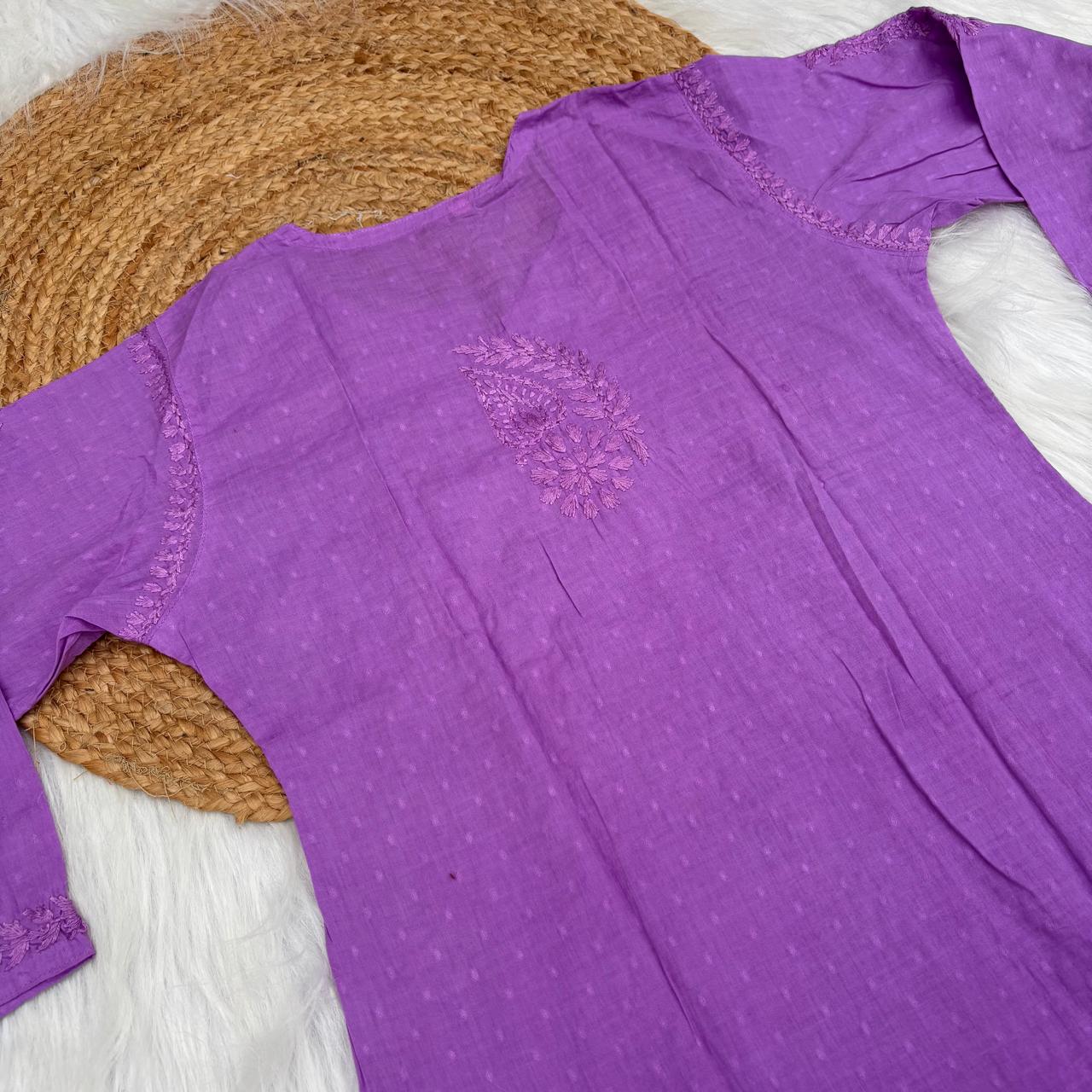 Nuha Dobby cotton Ombre shaded Lucknowi Chikankari Kurti Plazo Set - Purple Colour