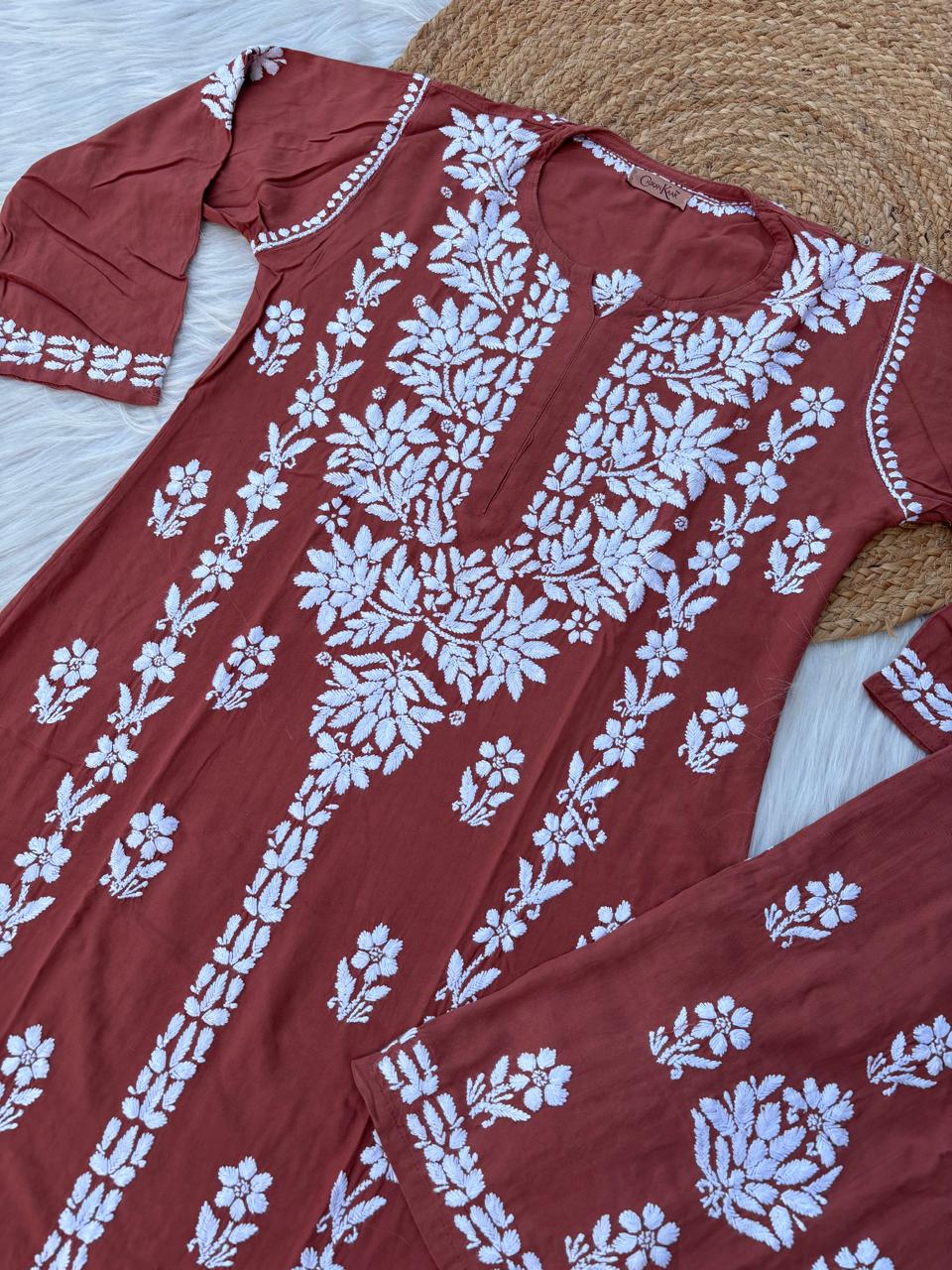 Samara Rayon Handwork Chikankari Kurti Plazo Set - Rush  Colour