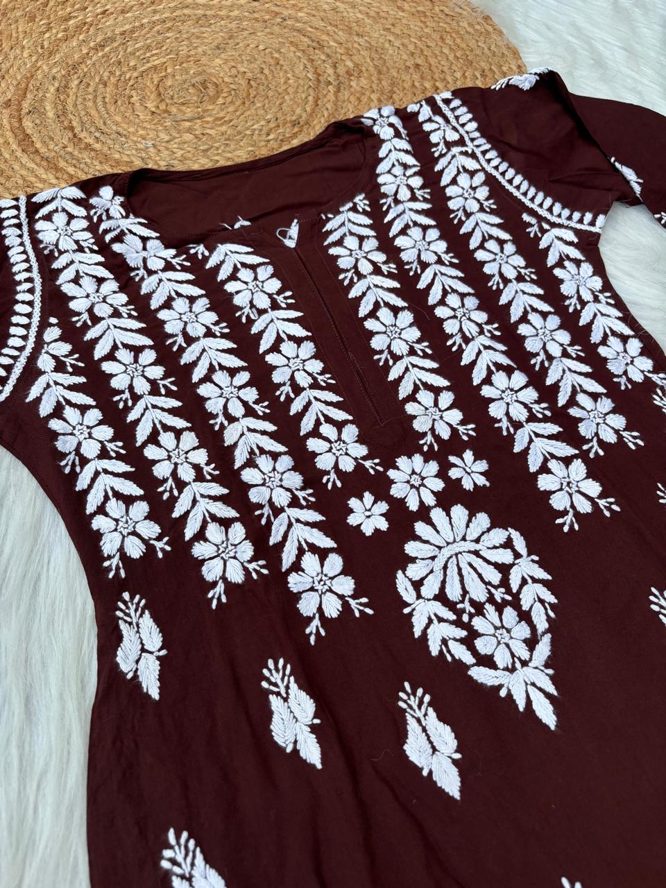 Zoobia Soft Rayon Handwork Chikankari Kurti - Brown Colour