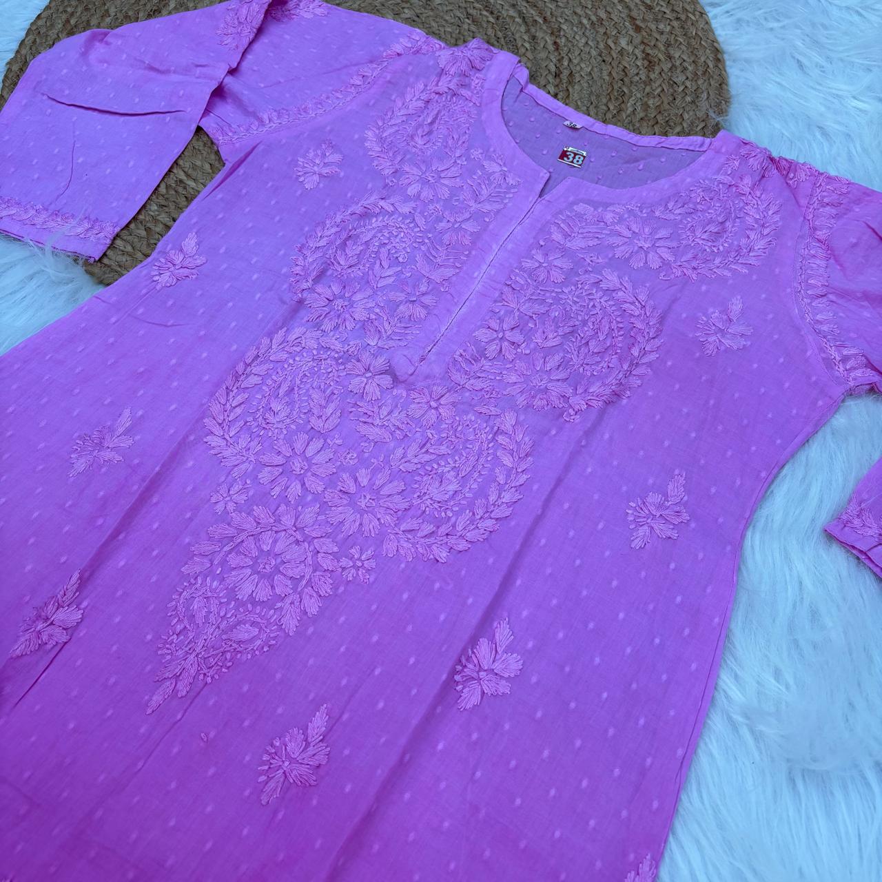 Tamanna Ombre Shaded Dobby Cotton Chikankari Kurti - Pink Colour