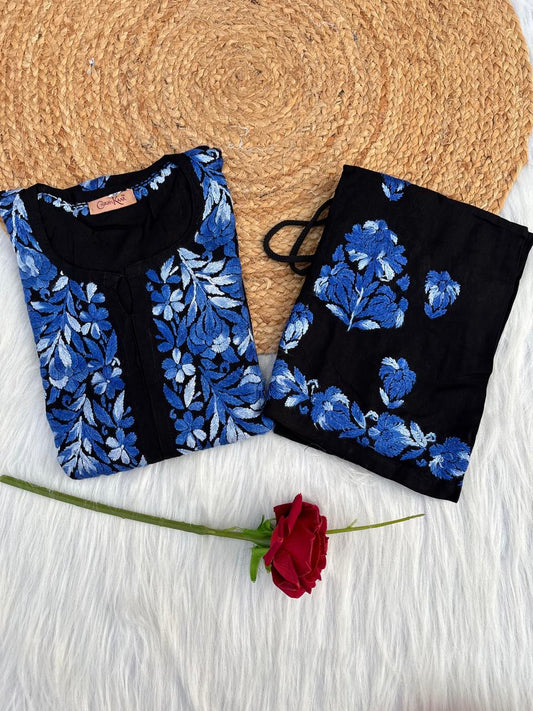 Rida Rayon Handwork Chikankari Kurti Set - Blue Colour