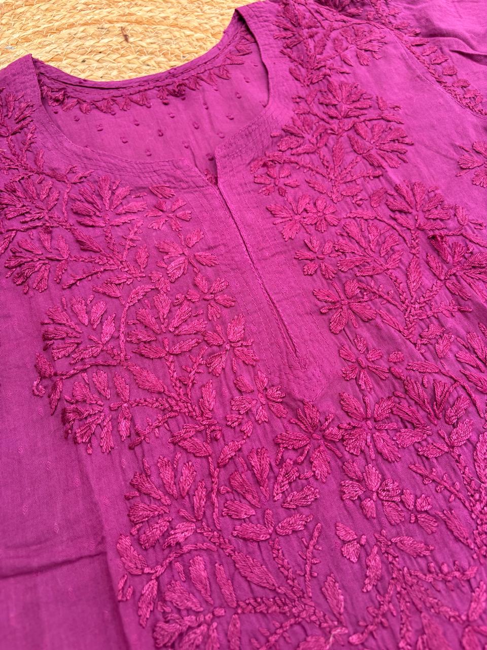 Ziva Soft Dobby Cotton Lucknowi Handwork Chikankari Short Kurti - Wine Colour