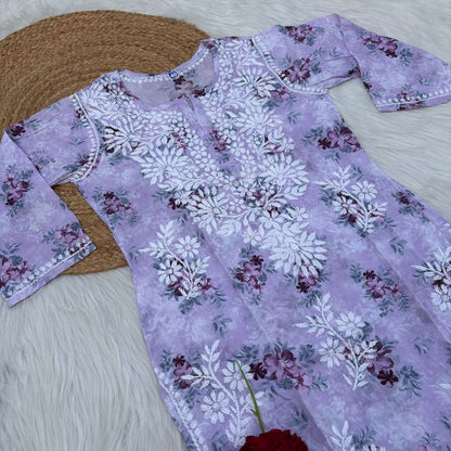 Fawziya Pure Mulmul Chikankari  Handwork Kurti -Purple Colour