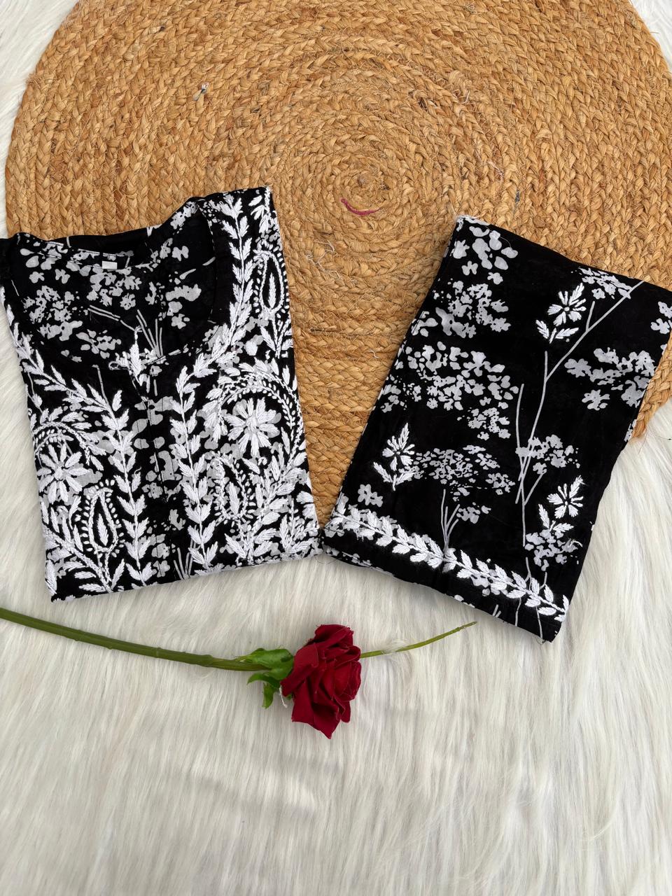 Jiya Mulmul Cotton Handwork Chikankari Kurti Set - Black Colour