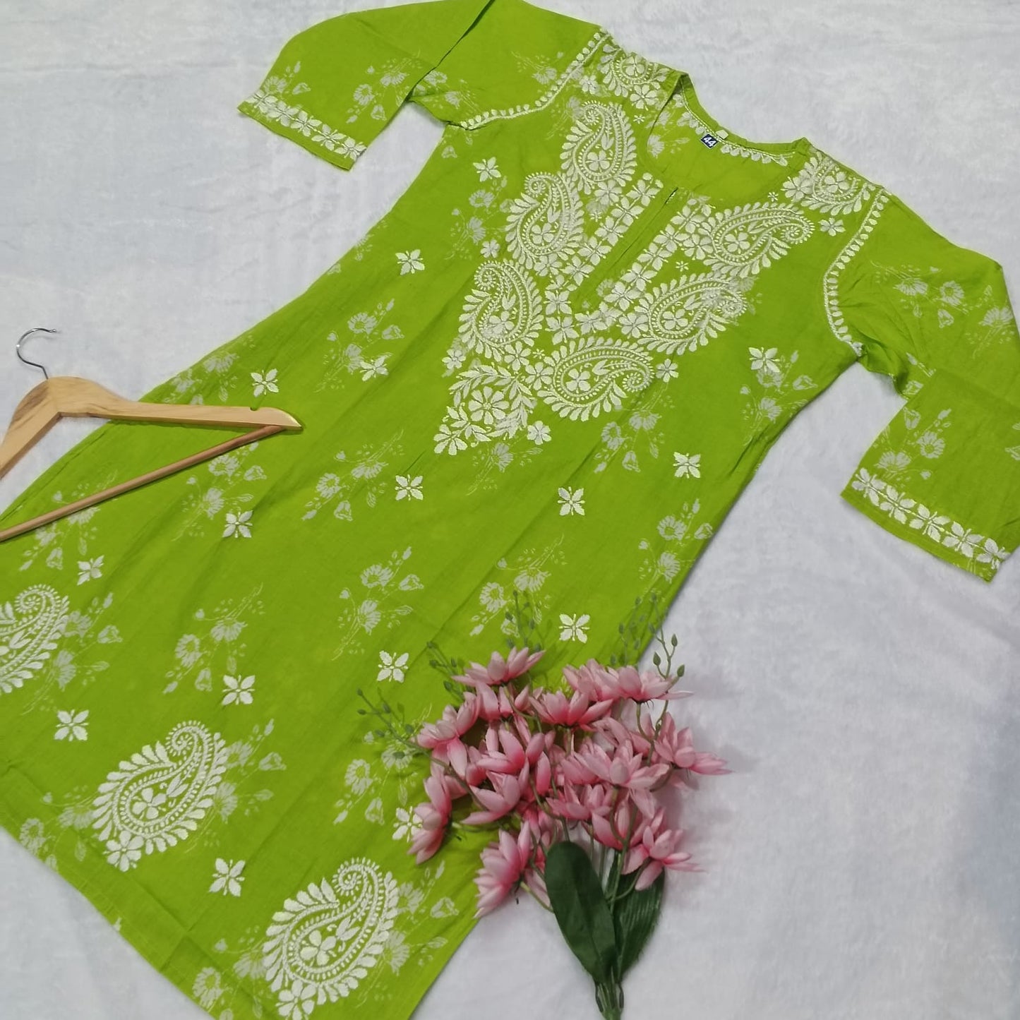 PURE MULMUL PRINTED CHIKANKARI KURTI - PARROT GREEN - chikankaar