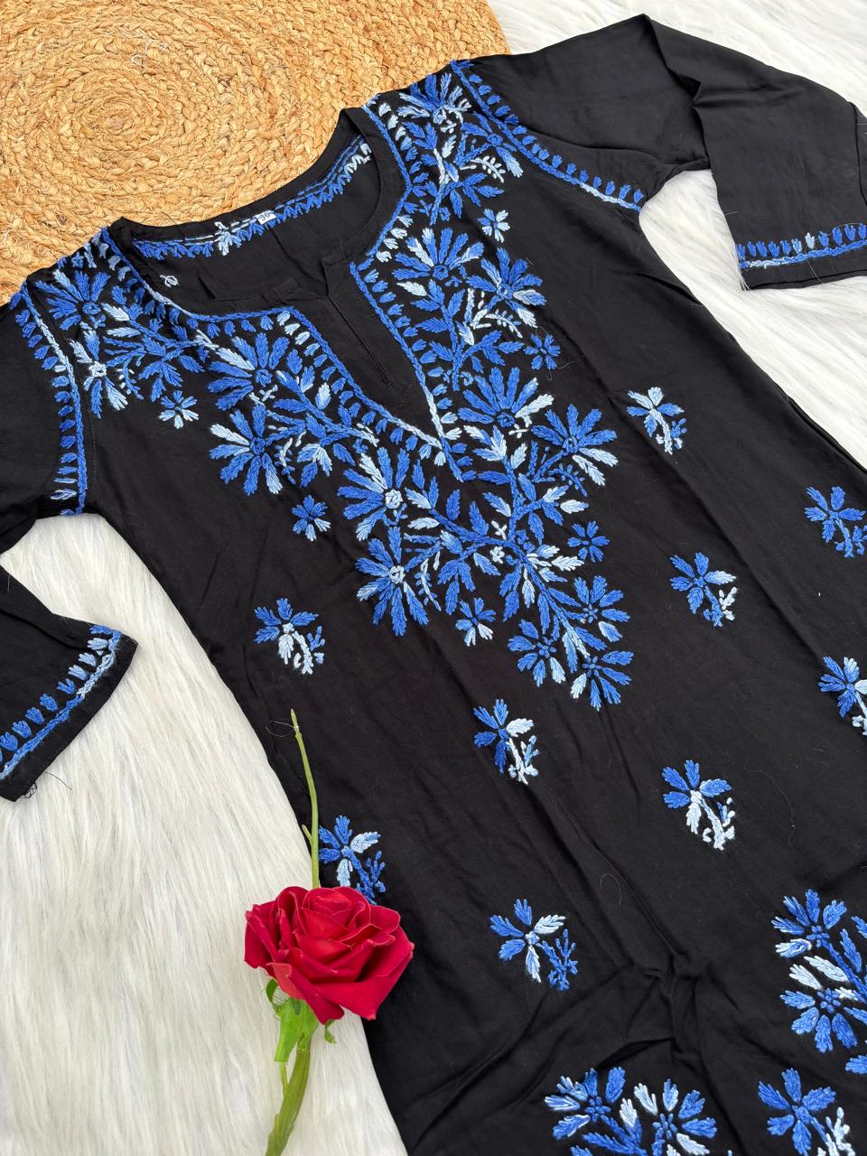Mahek Soft Rayon Handwork Chikankari Short Kurti- Blue Colour