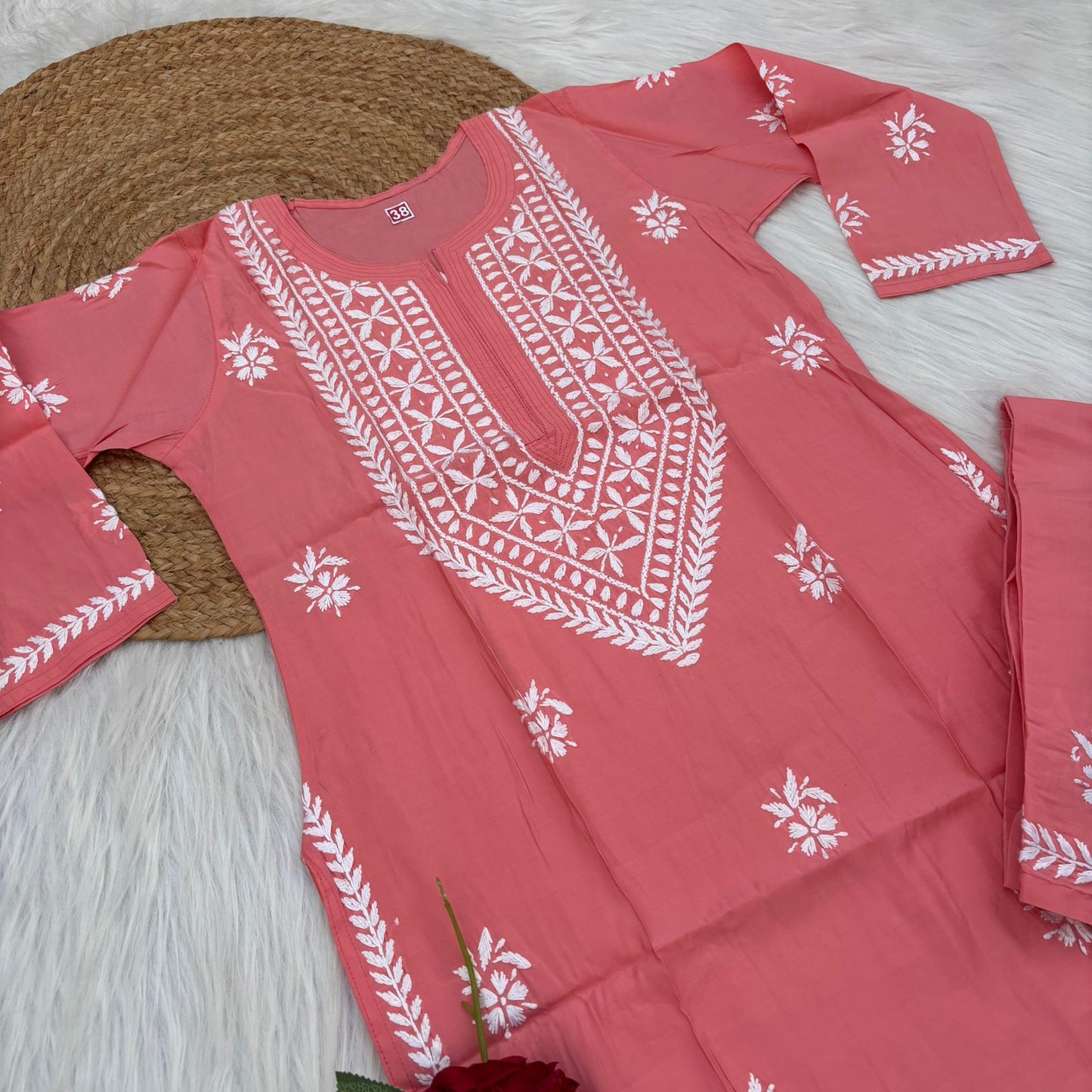 Afana Silk Chikankari Kurti Plazo set Gazri Colour