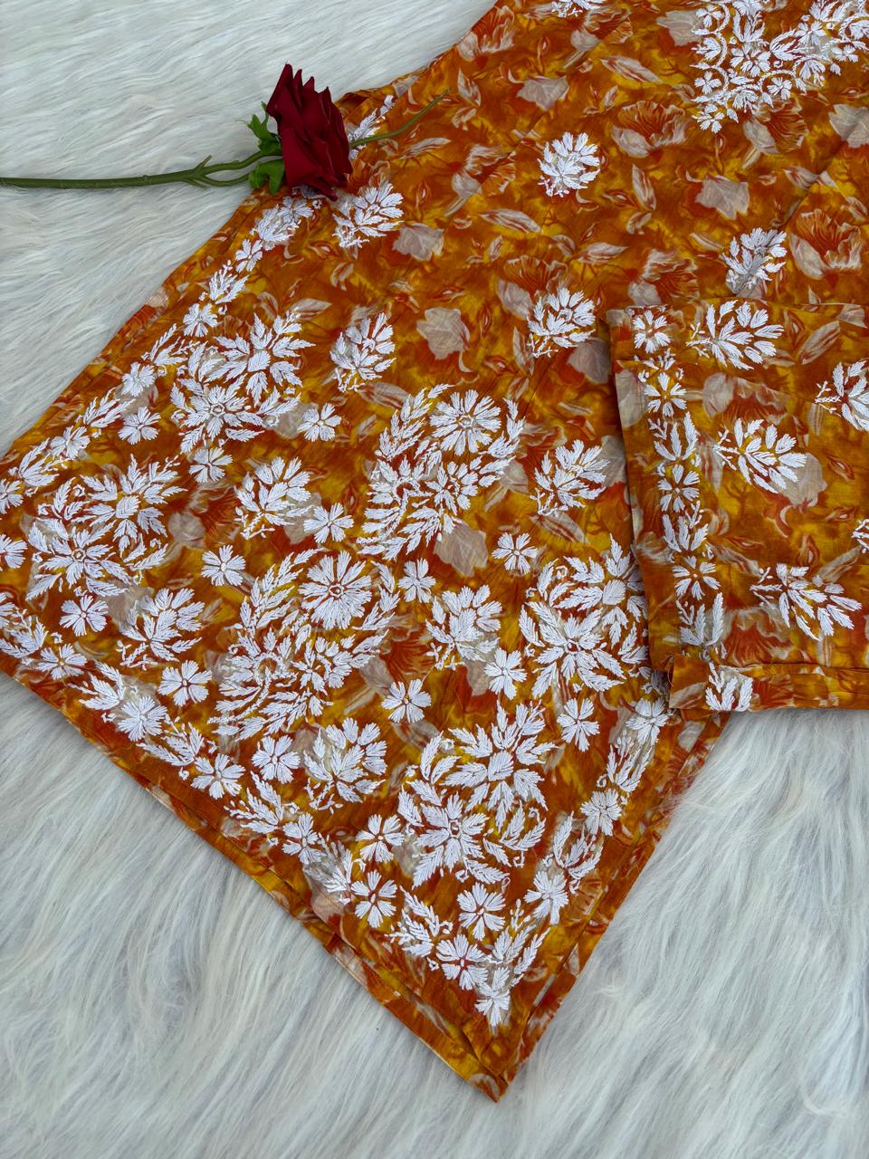 Elena Mulmul Cotton Handwork Chikankari Kurti Set - Warm Rust Colour