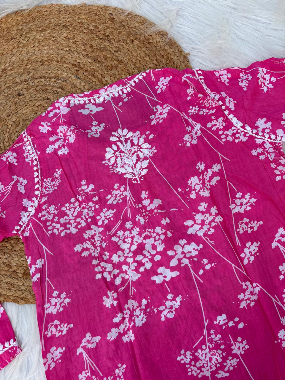 Sidra Pure Mulmul Chikankari Handwork Kurti - Pink Colour